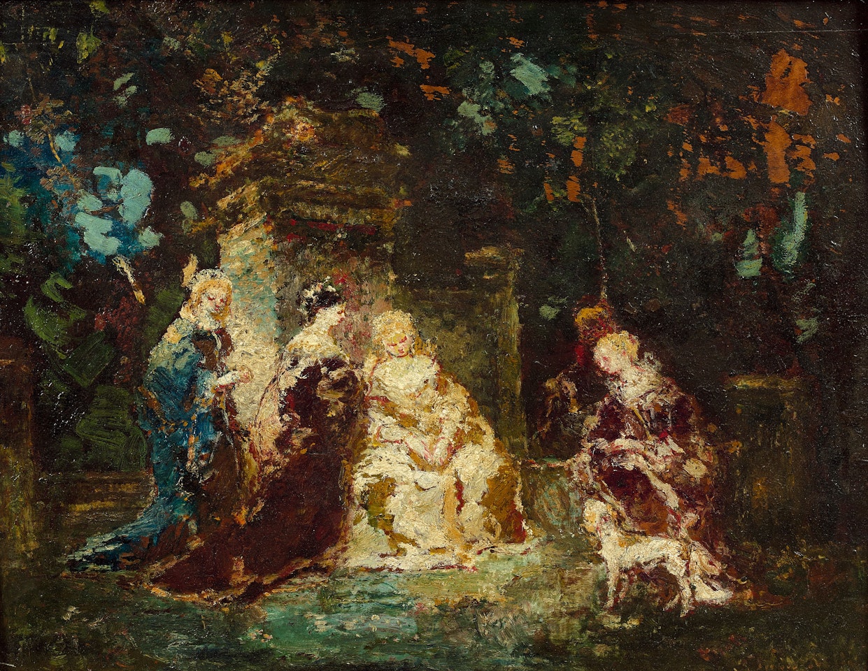 Scène de parc, cinq personnages avec le chien by Adolphe Monticelli