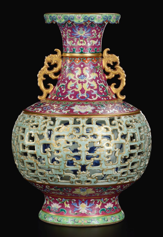 A MAGNIFICENT AND HIGHLY IMPORTANT YANGCAI RETICULATED VASE by Anonymous