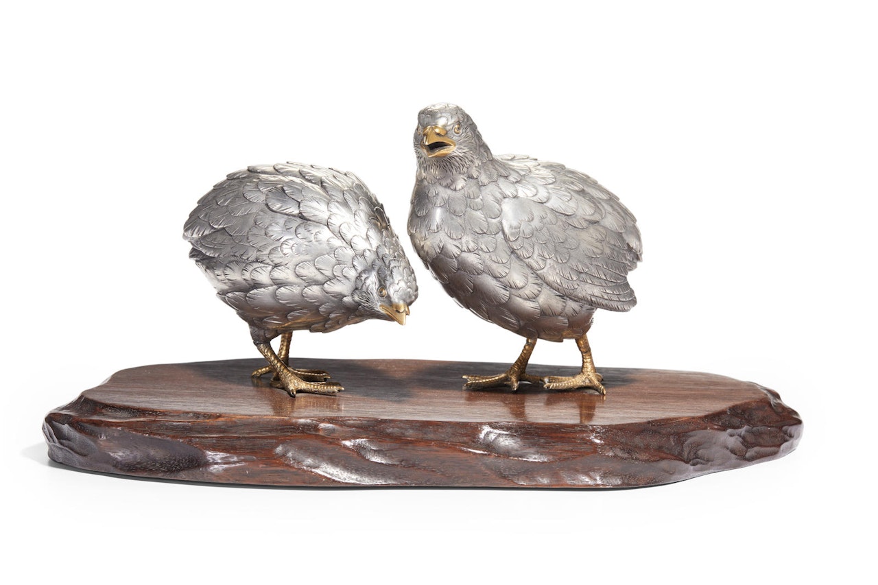 A silver model of a pair of quails by Anonymous