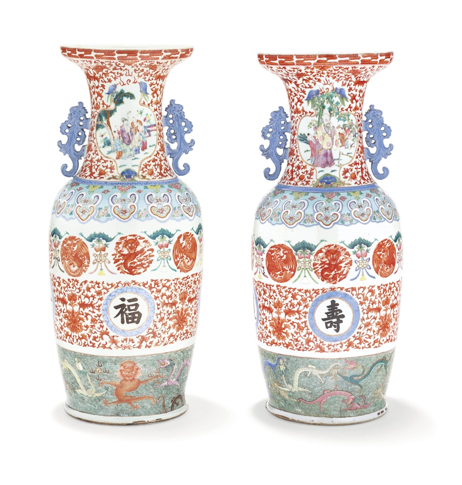 A PAIR OF LARGE FAMILLE ROSE AND IRON-RED-DECORATED VASES by Anonymous