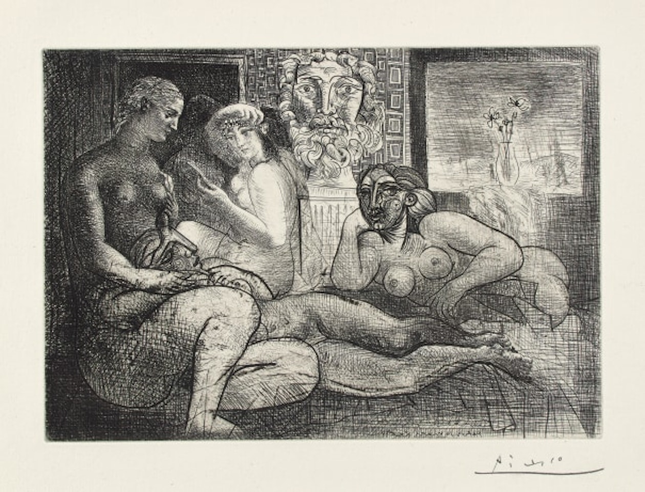 Quatre femmes nues et tête sculptée (Four Nude Women and a Carved Head), plate 82, from La Suite Vollard by Pablo Picasso