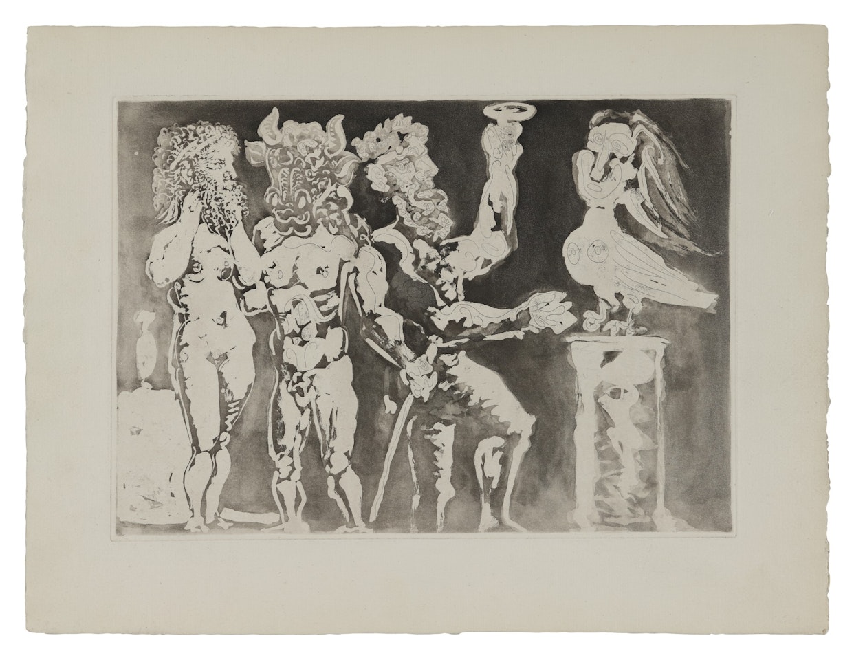 CHEZ LA PYTHIE-HARPYE. HOMME AU MASQUE DE MINOTAURE ET FEMME AU MASQUE DE SCULPTEUR (B. 227; BA. 441) by Pablo Picasso