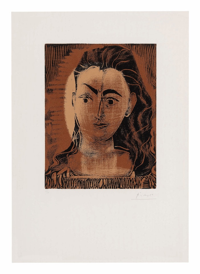 PETIT BUSTE DE FEMME (PORTRAIT DE JACQUELINE EN ROBE IMPRIMÉE) (B. 1082; BA. 1300) by Pablo Picasso