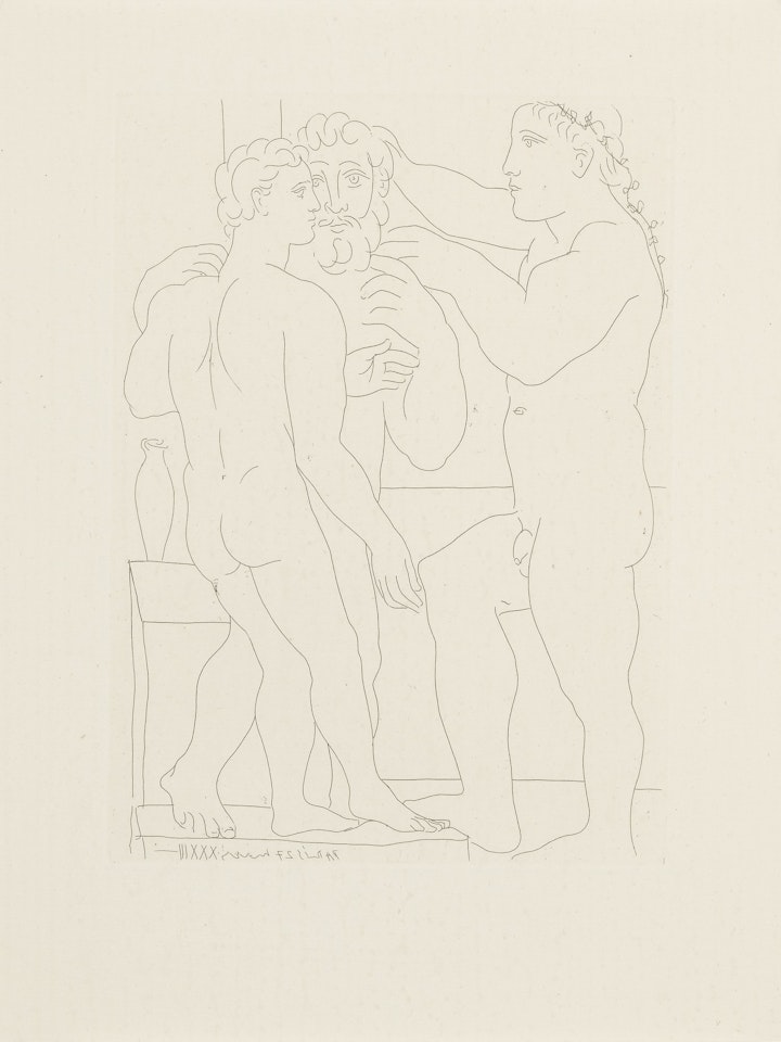 JEUNE SCULPTEUR GREC AVEC SA SCULPTURE: UN HOMME ET UN ÉPHÈBE (B. 161; BA. 314) by Pablo Picasso