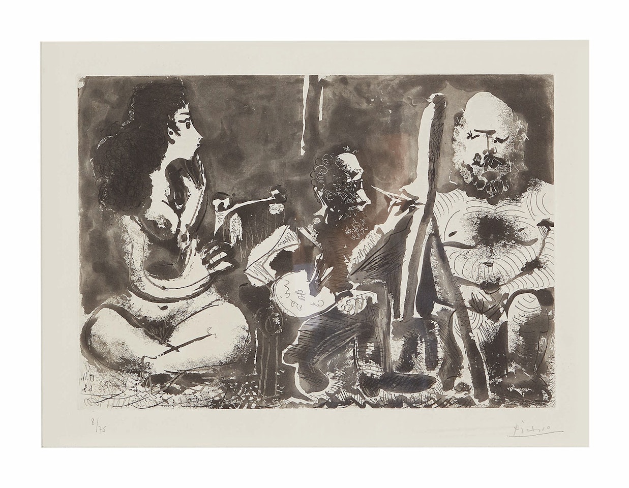 PEINTRE AU TRAVAIL AVEC MODÈLE BARBU ET UNE SPECTATRICE ASSISE EN TAILLEUR (B. 1130; BA. 1127; C. BKS. 122) by Pablo Picasso