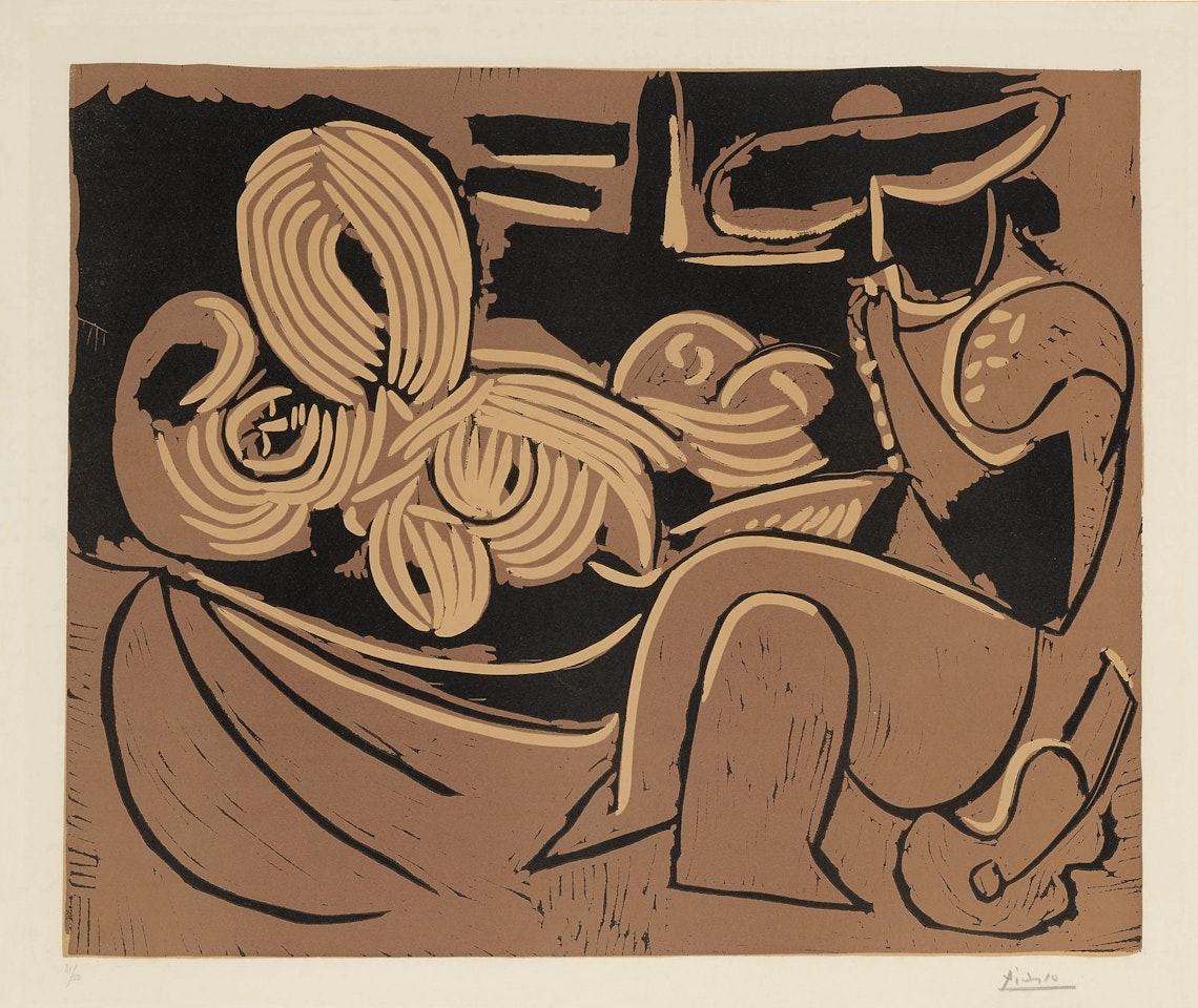 L'AUBADE, AVEC FEMME ENDORMIE (FEMME COUCHÉE ET HOMME À LA GUITARE) (B. 916; BA. 1234) by Pablo Picasso