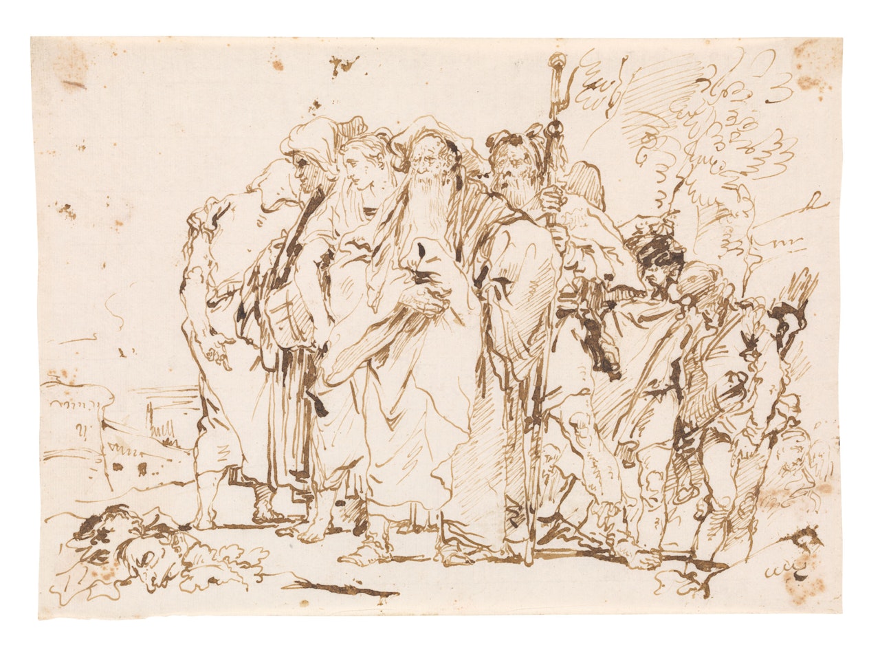 A group of spectators, a fortress at the left by Giovanni Domenico Tiepolo