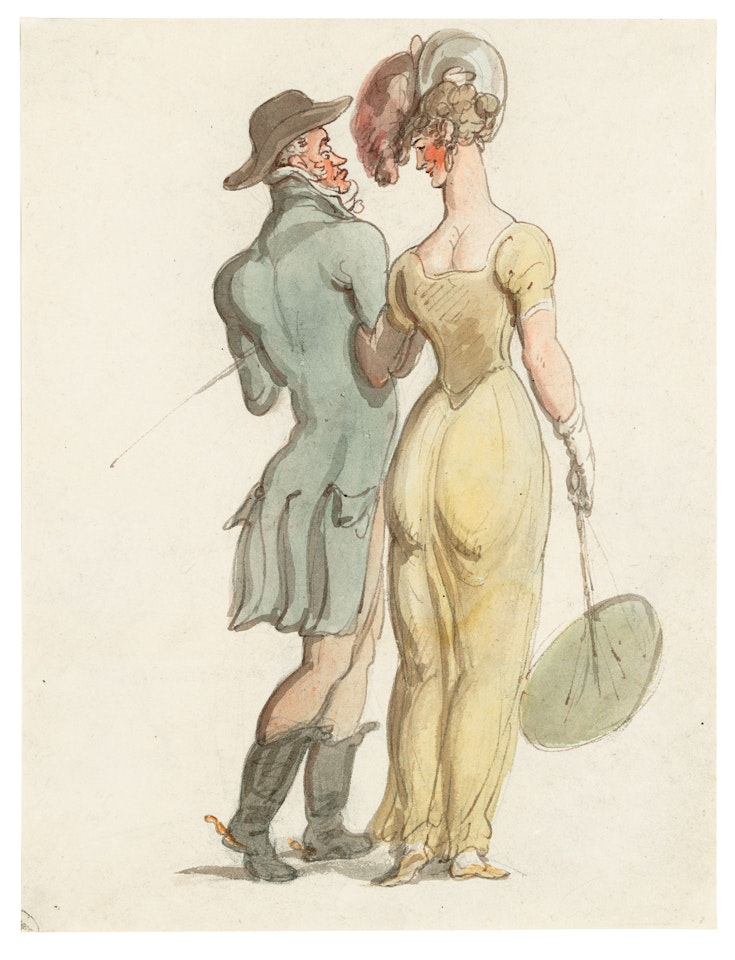 A couple strolling, seen from behind (recto); and Dropsy courting consumption (verso) by Thomas Rowlandson