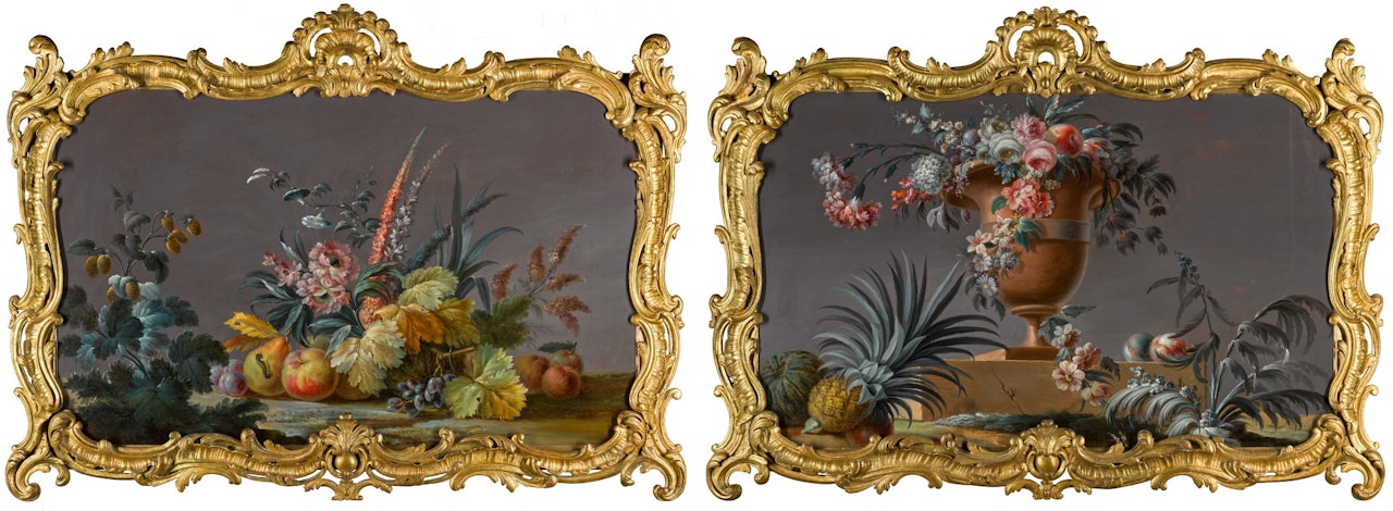 STILL LIFE WITH FRUITS AND FLOWERS, INCLUDING APPLES, PEARS AND GRAPES ON A LEDGE; AND STILL LIFE WITH FLOWERS AND FRUIT, INCLUDING A WATERMELON AND A PINEAPPLE, IN AN URN ON A STEP by French School