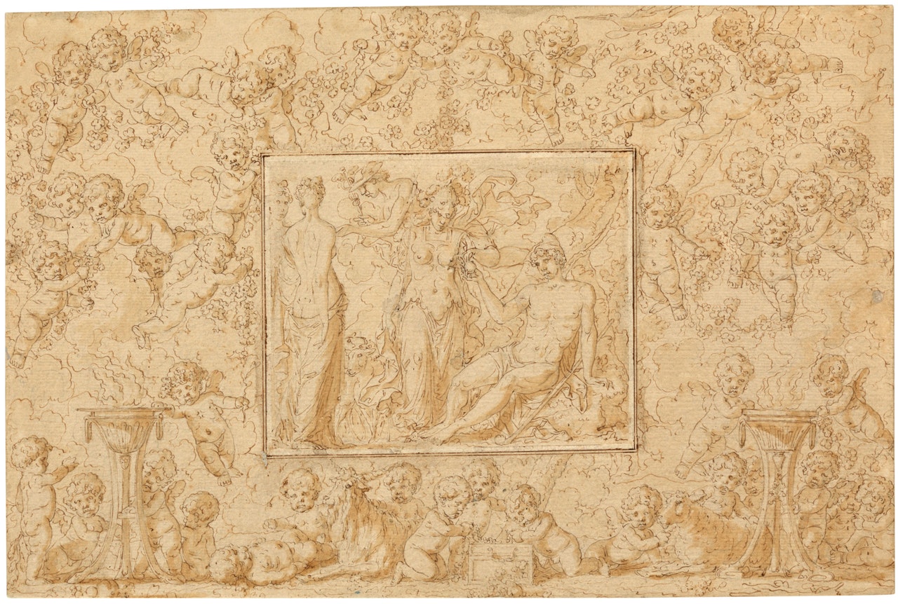 The Judgement of Paris, the subject surrounded by a decorative border with dozens of putti at play and two altars by Louis-Félix de la Rue