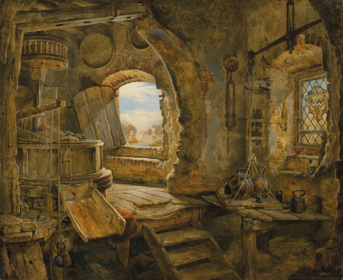 The upper floor of Rembrandt's father's mill by Edward William Cooke