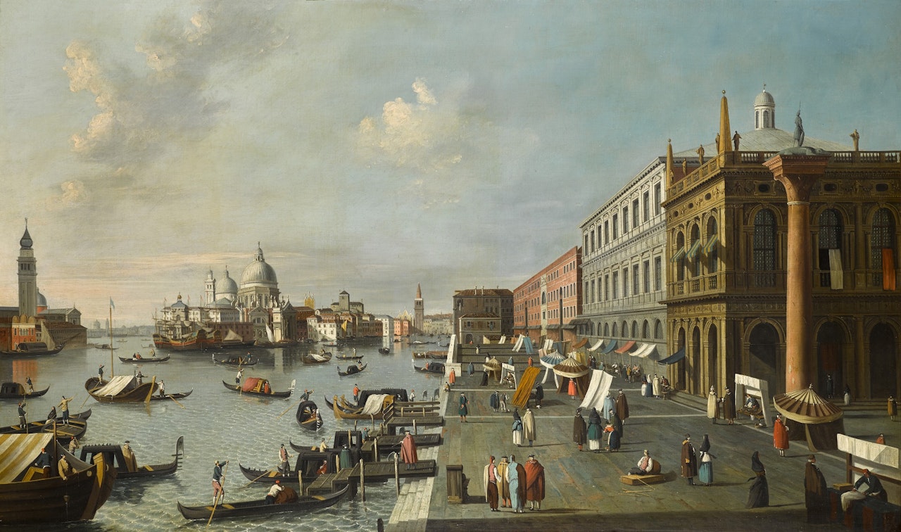 VENICE, A VIEW OF THE MOLO, LOOKING WEST, WITH THE COLUMN OF SAINT THEODORE, RIGHT, AND THE CHURCH OF SANTA MARIA DELLA SALUTE AND THE ENTRANCE OF THE GRAND CANAL BEYOND by Follower of Canaletto