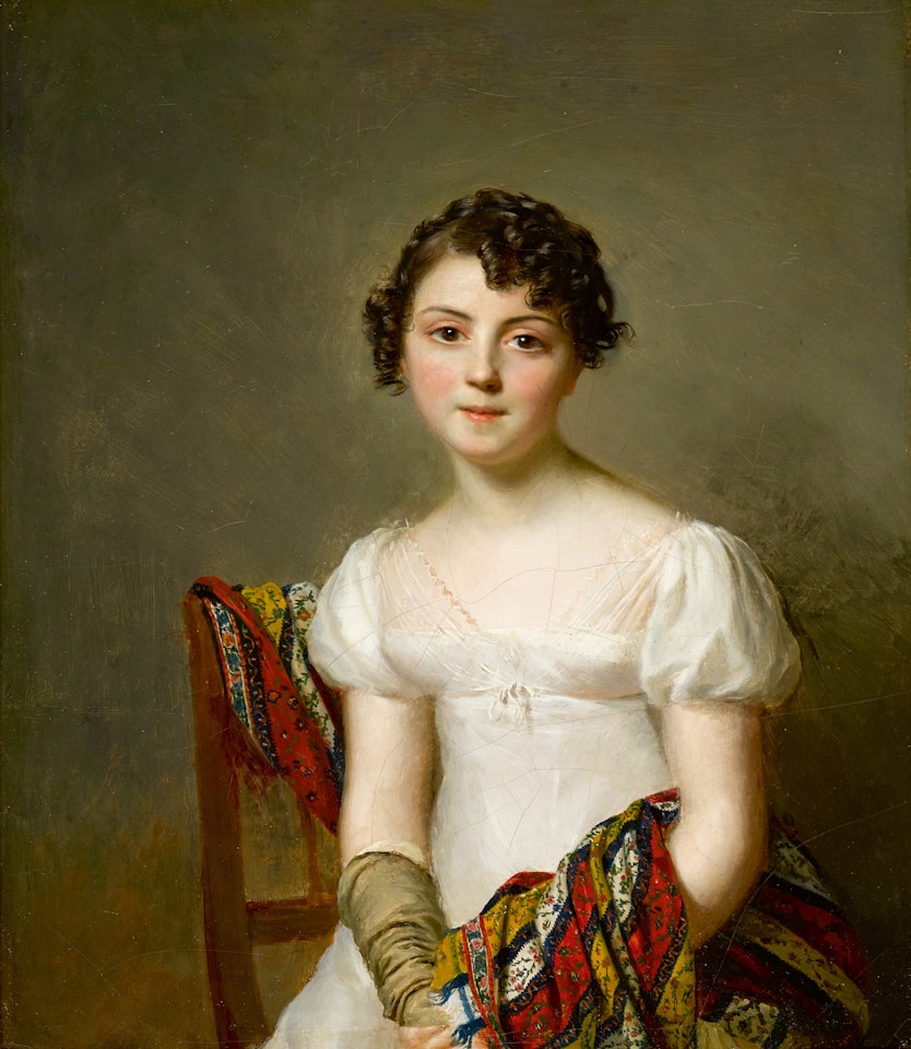 PORTRAIT OF ANDRIENNE-CONSTANCE BOURDILLON (1792–1836), HALF-LENGTH, IN A WHITE DRESS by Firmin Massot