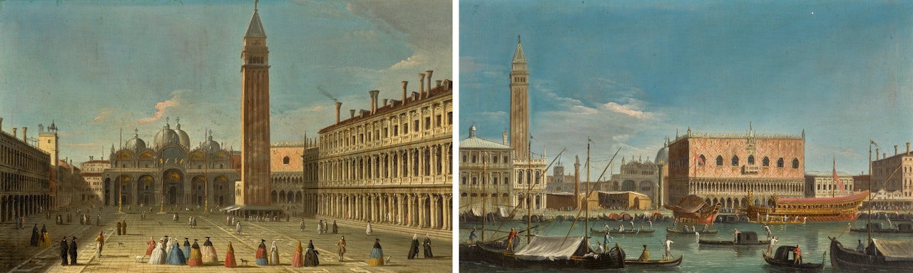 VENICE, A VIEW OF THE PIAZZA SAN MARCO LOOKING EAST TOWARDS THE BASILICA AND THE CAMPANILE; AND VENICE, A VIEW OF THE BACINO DI SAN MARCO ON ASCENSION DAY by Apollonio Domenichini