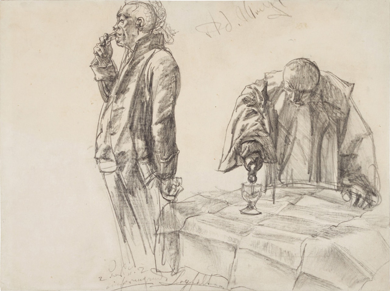 A STUDY OF A MAN SMOKING AND A MAN LEANING OVER A TABLE, POURING A GLASS OF WINE (A STUDY FOR 'BREAKFAST BREAK') by Adolph Menzel