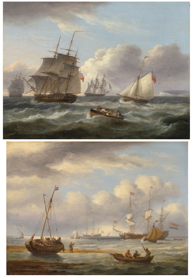 Busy shipping lanes off the South Foreland; and Fishermen unloading the catch off the Low Countries by Thomas Luny
