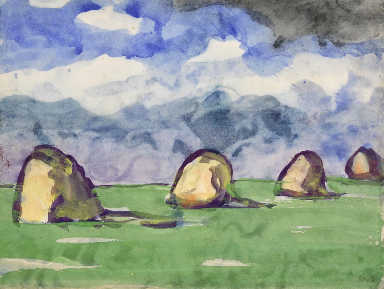MARSCHLANDSCHAFT UND HEUDIEMEN UNTER BLAUEM HIMMEL (MARSH LANDSCAPE AND HAYSTACKS UNDER BLUE SKY) by Emil Nolde