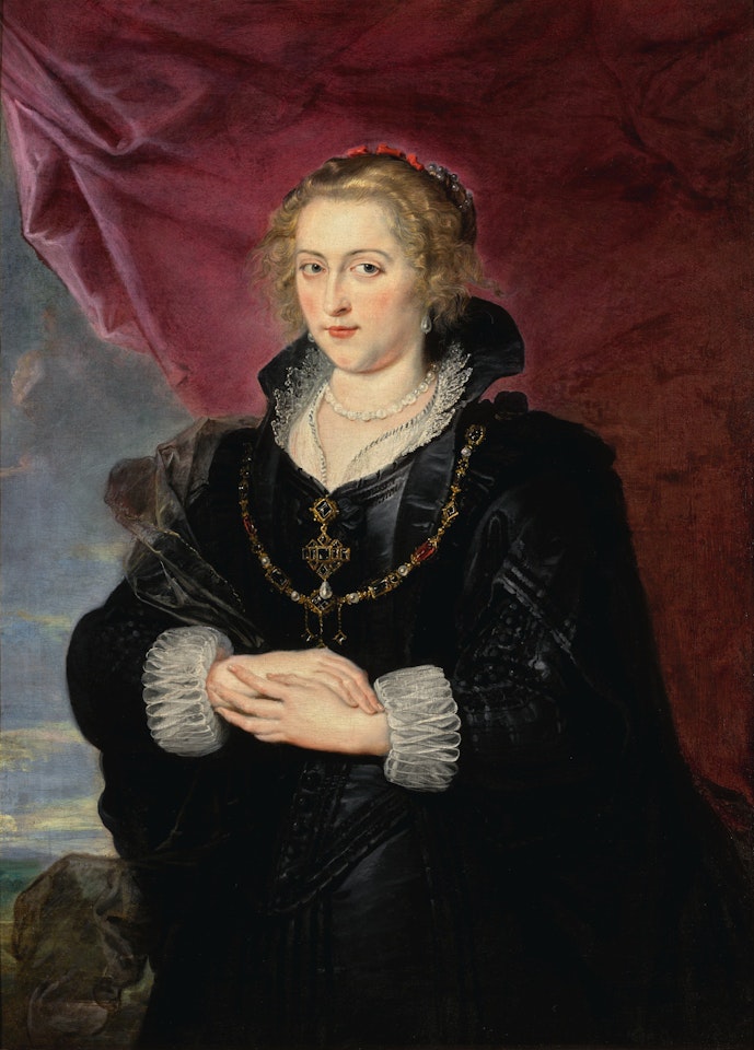 PORTRAIT OF A LADY, THREE-QUARTER LENGTH, WEARING AN ELABORATE BLACK DRESS AND CLOAK, BEFORE A RED DRAPE AND A DISTANT LANDSCAPE by Peter Paul Rubens