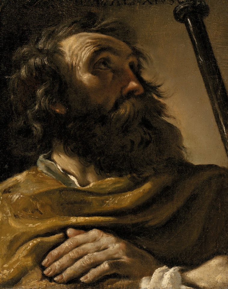 Saint Alexius in a brown wrap, holding a staff by Guercino