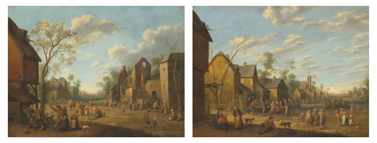 A village with peasants and a feud in the foreground; and A village with peasants merrymaking outside a tavern by Joost Cornelisz Droochsloot