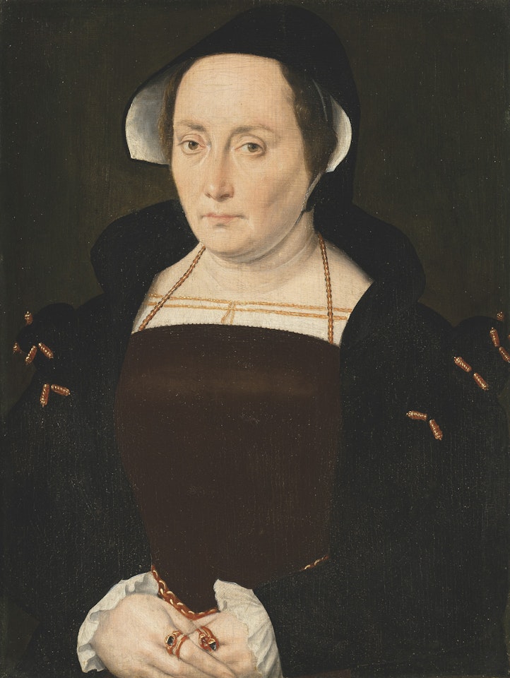Portrait of a lady, traditionally identified as Katherine of Aragon (1485-1536), first wife of King Henry VIII, half-length in a brown corset and black gown by Flemish School