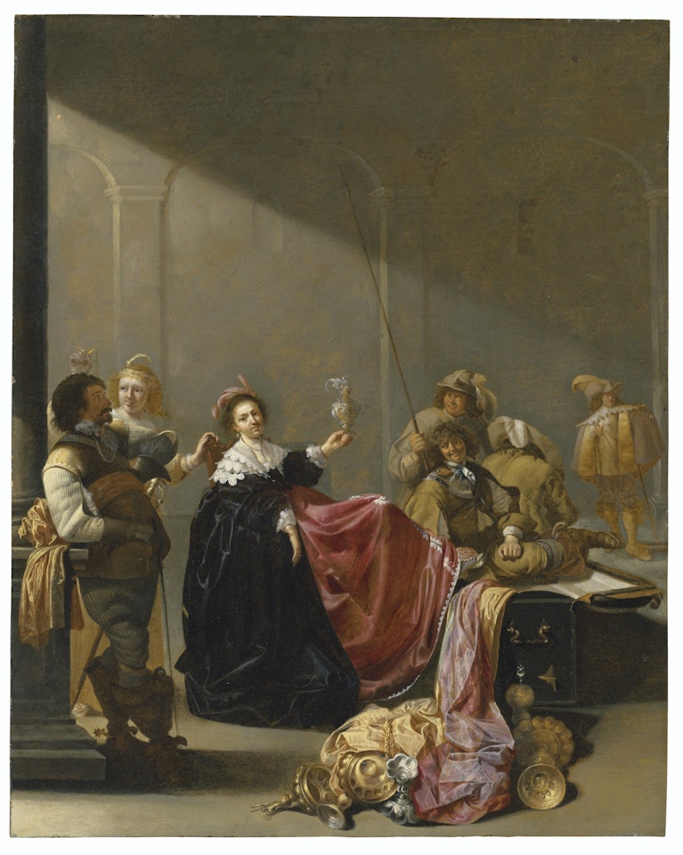 A guardroom interior with figures seated amongst plunder by Jacob Duck