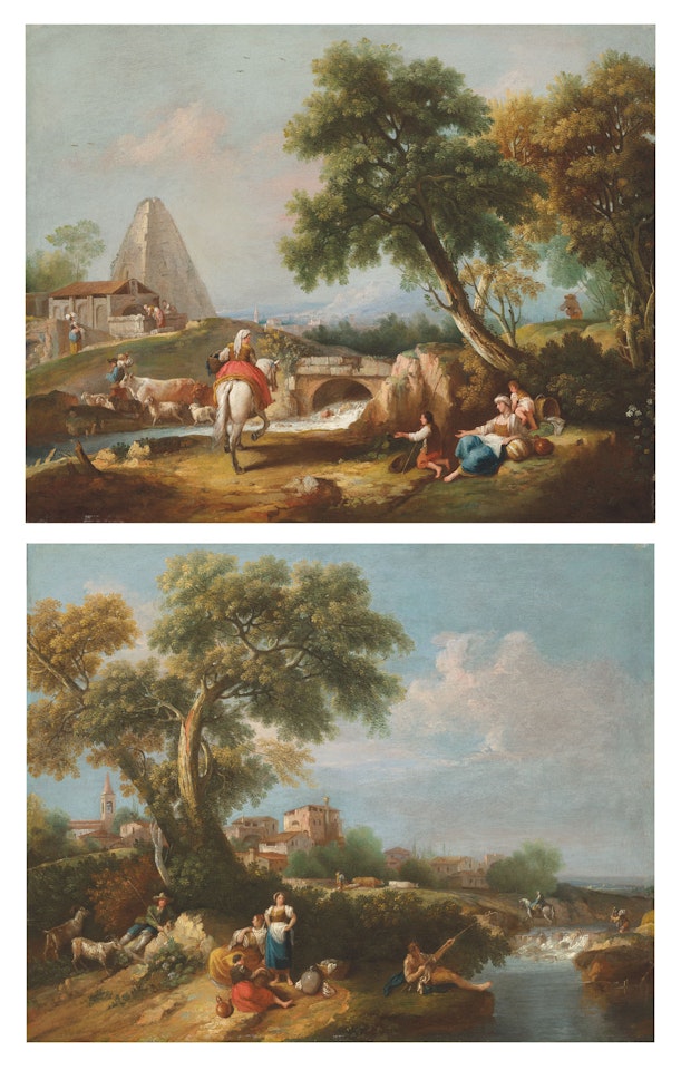 Wooded Landscape with a Fisherman on a Bank; and Wooded Landscape with a Pyramid by Francesco Zuccarelli
