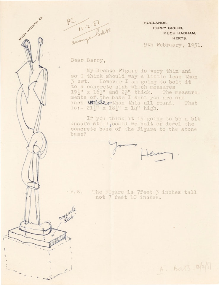 LETTER WITH DRAWING OF SCULPTURE by Henry Moore