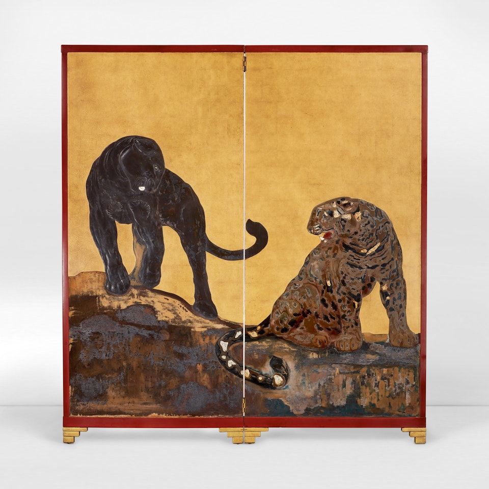 “PANTHÈRE NOIRE ET JAGUAR” TWO-PANEL SCREEN by Jean Dunand