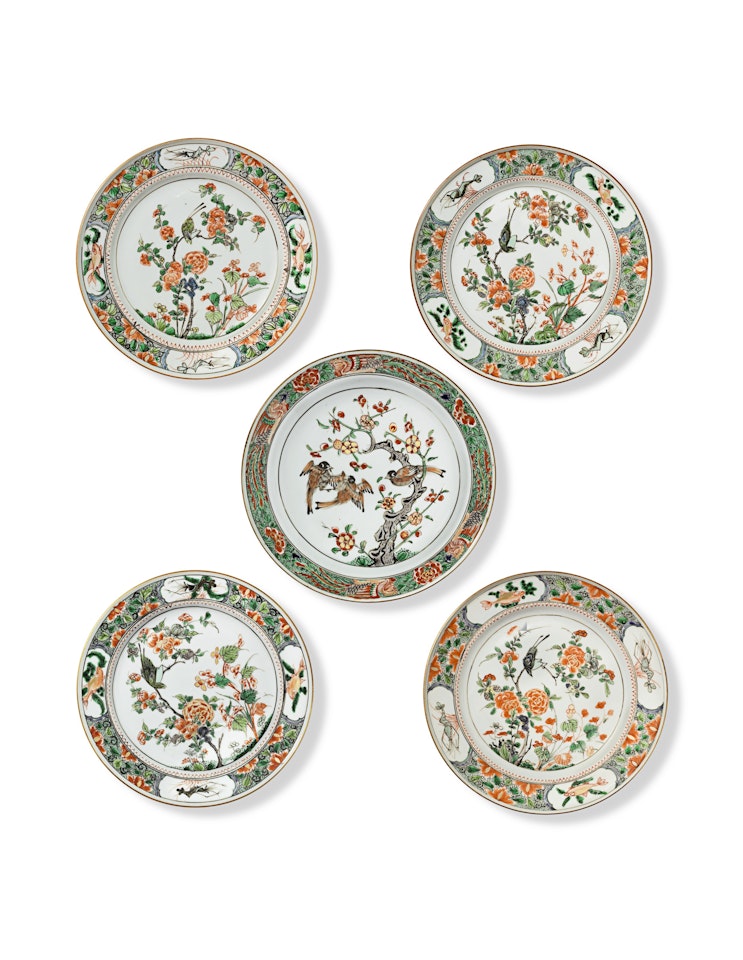 TWO PAIRS OF FAMILLE VERTE 'BIRD AND PEONY' DISHES AND A FAMILLE VERTE 'BIRD AND PRUNUS' DISH by Anonymous