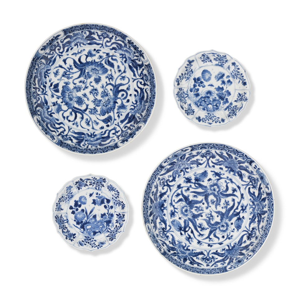TWO PAIRS OF BLUE AND WHITE MOULDED 'FLORAL' DISHES by Anonymous