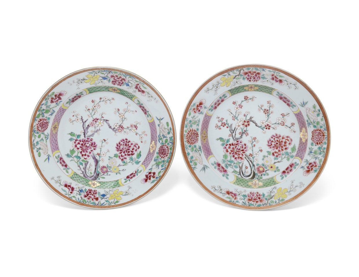 A PAIR OF LARGE FAMILLE ROSE FLORAL DISHES by Anonymous