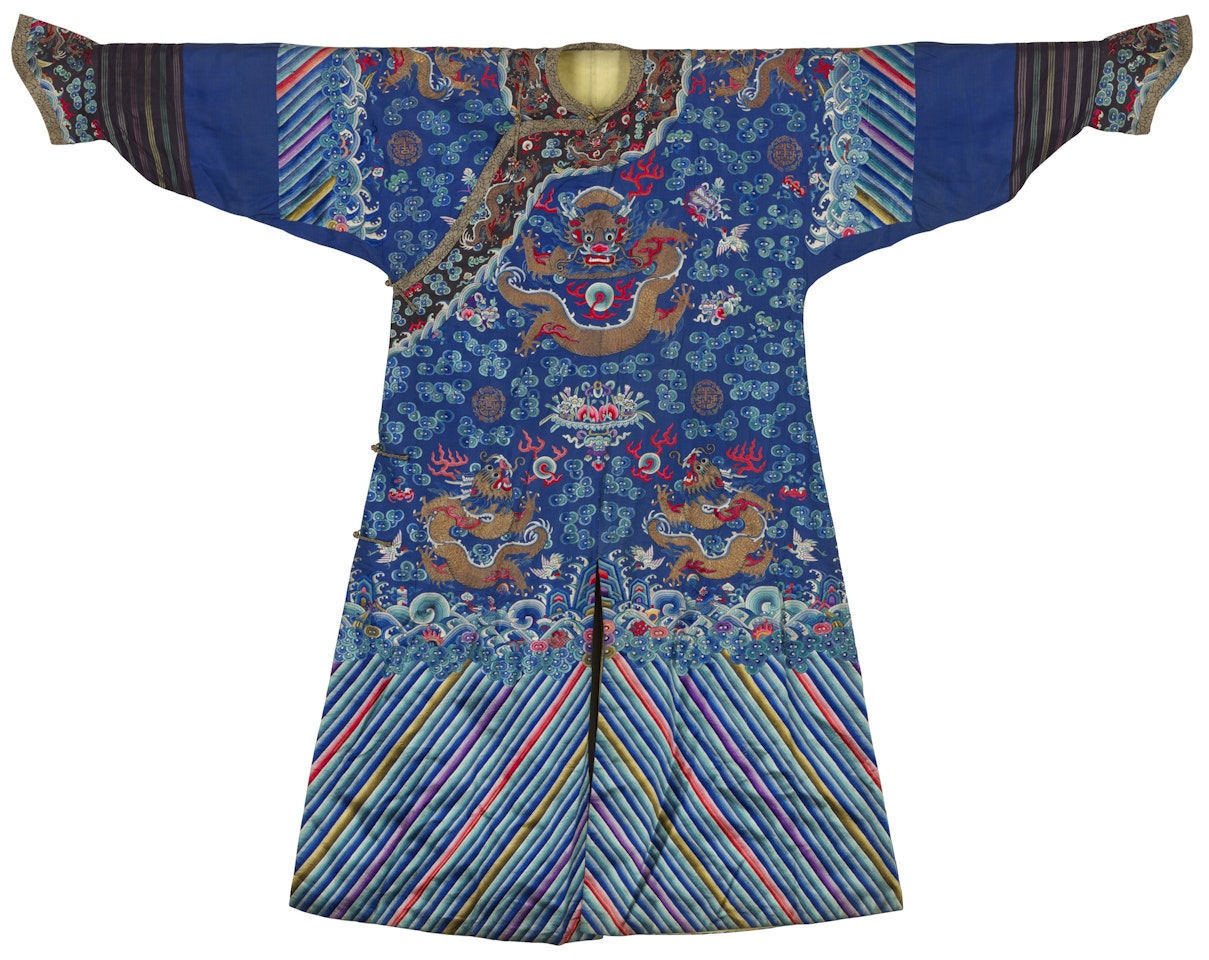 A BLUE-GROUND EMBROIDERED SILK 'DRAGON' ROBE by Anonymous
