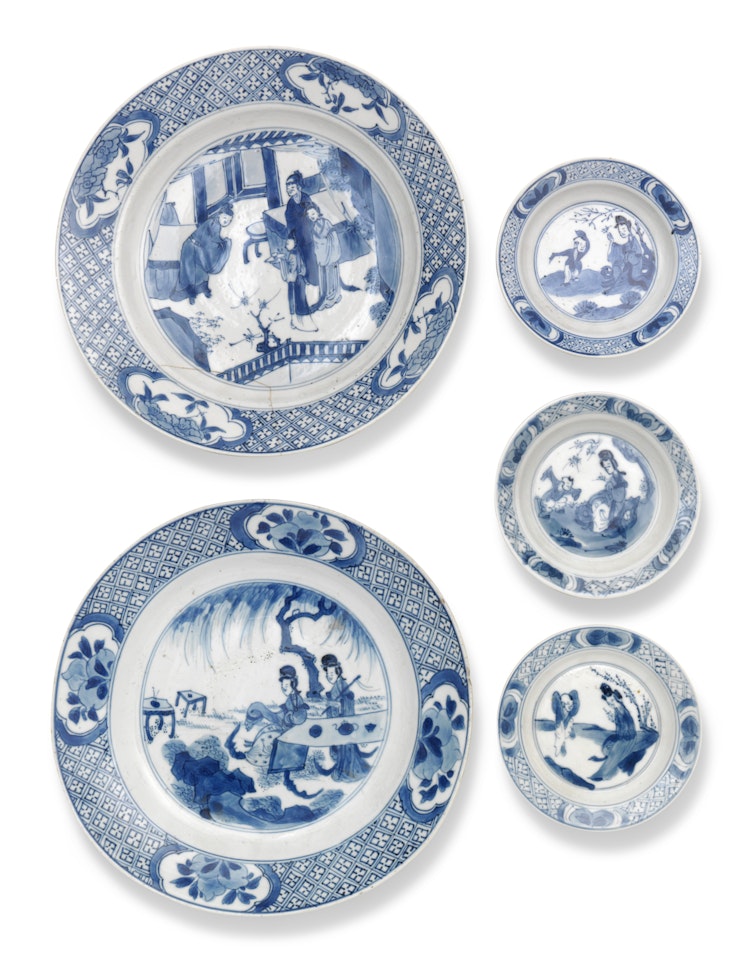 A GROUP OF FIVE BLUE AND WHITE 'FIGURAL' DISHES by Anonymous
