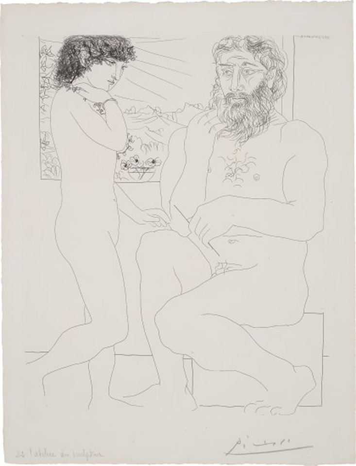 Sculpteur songeant, modèle aux cheveux noirs et bol avec trois anémones (Pensive Sculptor, Model with Black Hair and Bowl with Three Anemones), plate 68 from La Suite Vollard by Pablo Picasso