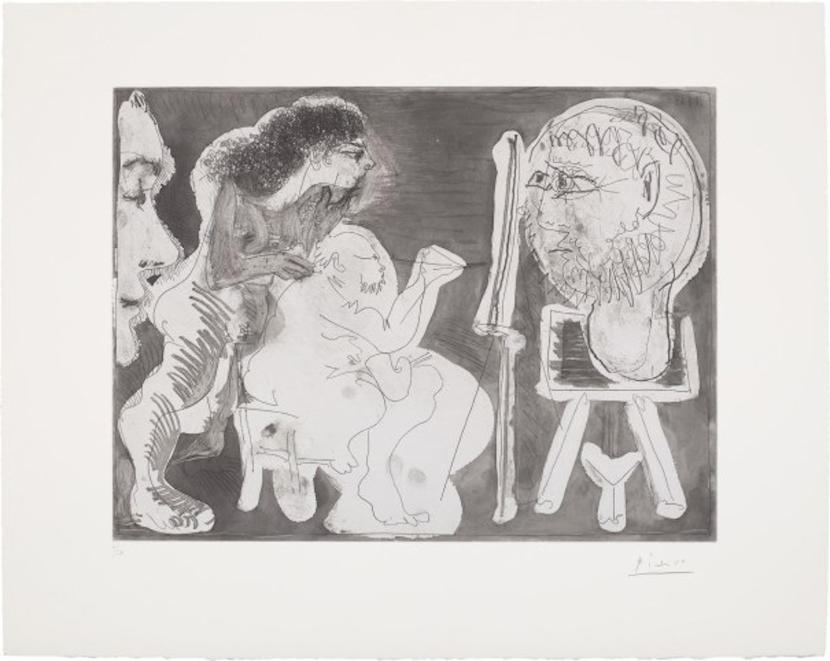 Peintre avec une sculpture sur une sellette, une femme nue et un spectateur (Painter with a Sculpture on a Stand, a Nude Woman and a Spectator) by Pablo Picasso