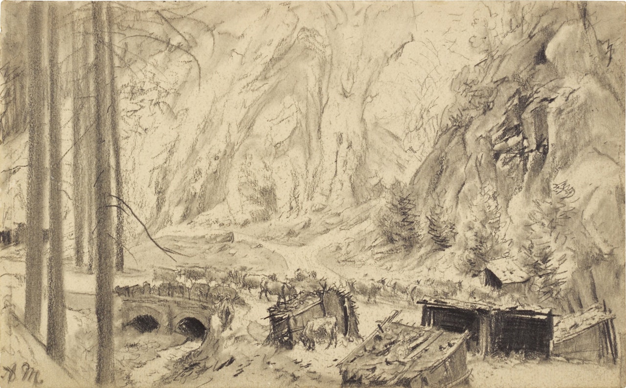 ROCKY LANDSCAPE WITH CATTLE CROSSING A BRIDGE by Adolph Menzel