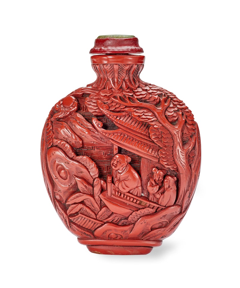 A CARVED CINNABAR LACQUER SNUFF BOTTLE by Anonymous