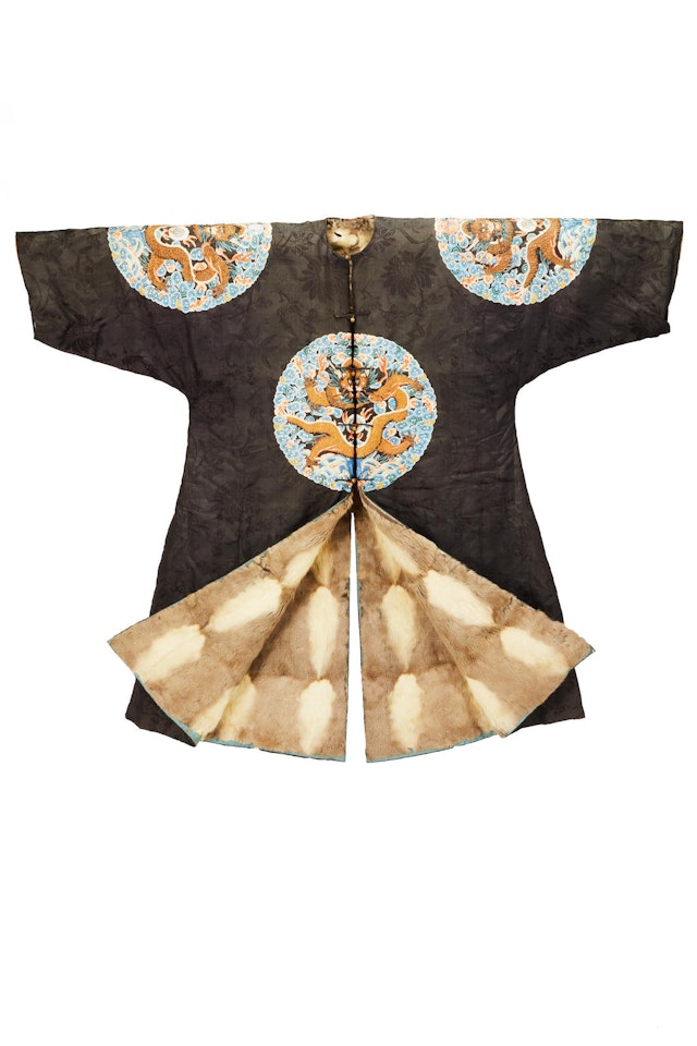 AN IMPERIAL FUR-LINED EMBROIDERED SILK SURCOAT GUNFU  by Anonymous