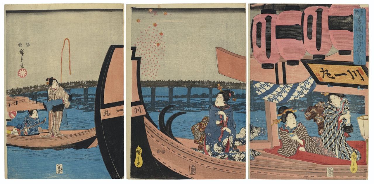 Toto Ryogoku noryo hanabi no zu (View of enjoying fireworks in the evening cool at Ryogoku Bridge in the eastern capital) by Utagawa Hiroshige