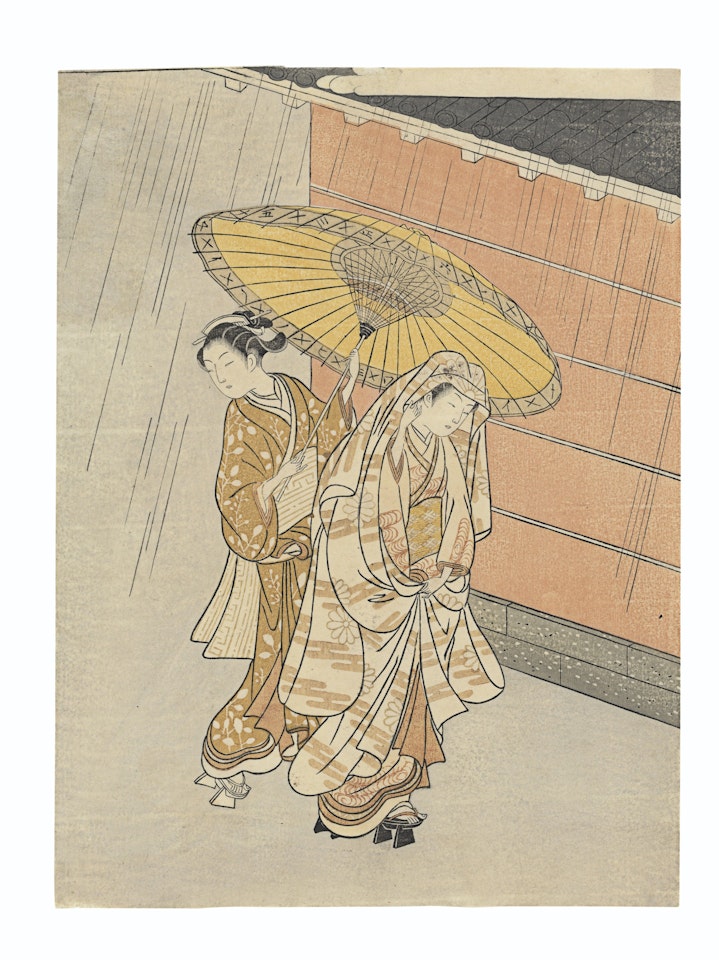 Two beauties walking in the rain by Suzuki Harunobu