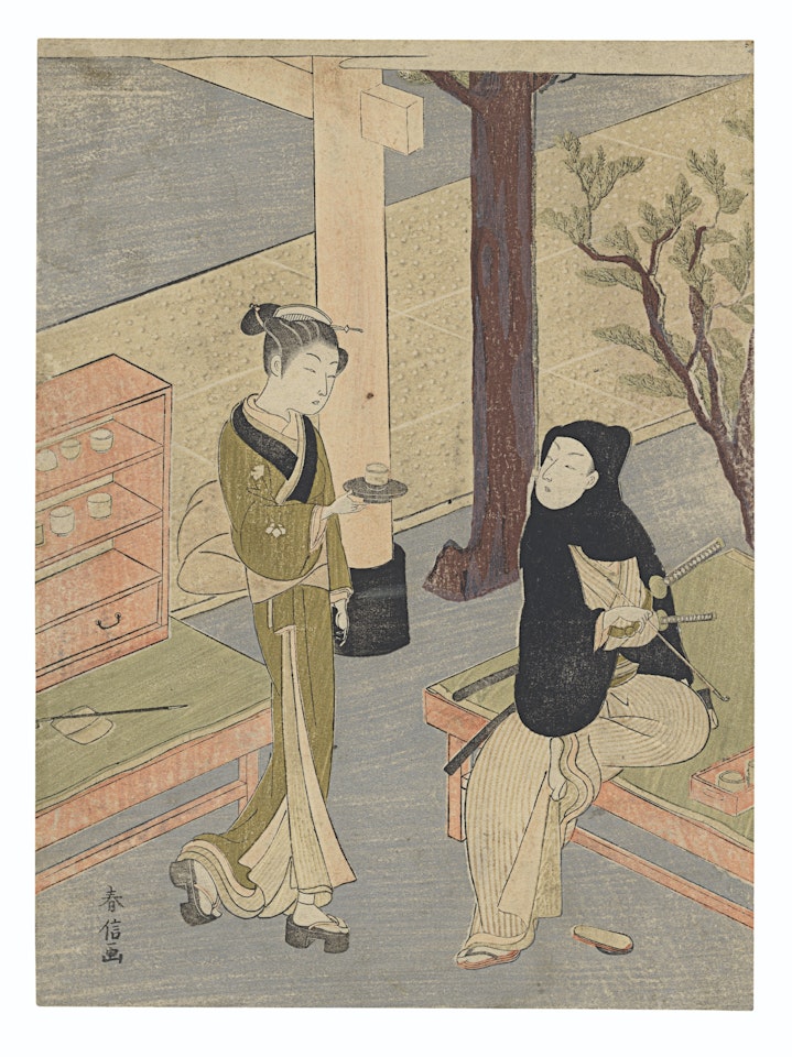 Kagiya Osen serving a young samurai in a black hood by Suzuki Harunobu