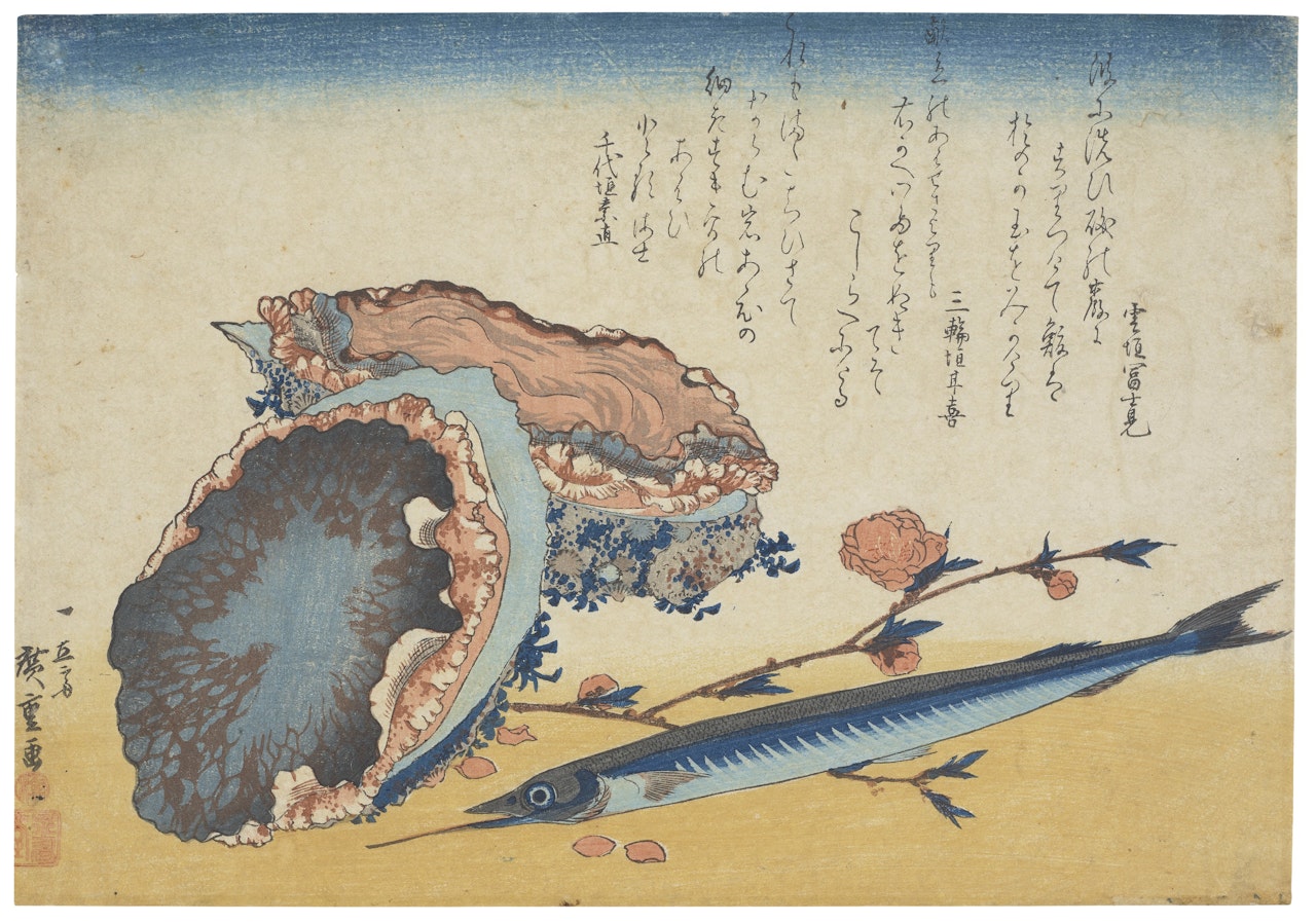 Abalone, Needlefish, and Peach Blossoms by Utagawa Hiroshige