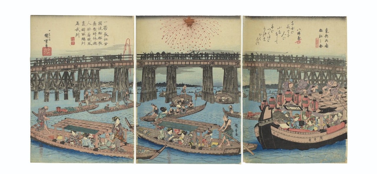 Toto Ryogoku yusen no zu, sanmaitsuzuki (Pleasure boats at Ryogoku bridge in the eastern capital, a triptych) by Utagawa Hiroshige