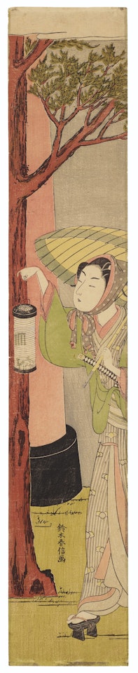 Dandy (wakashu) with lantern passing a shrine gate (Mitate arido) by Suzuki Harunobu