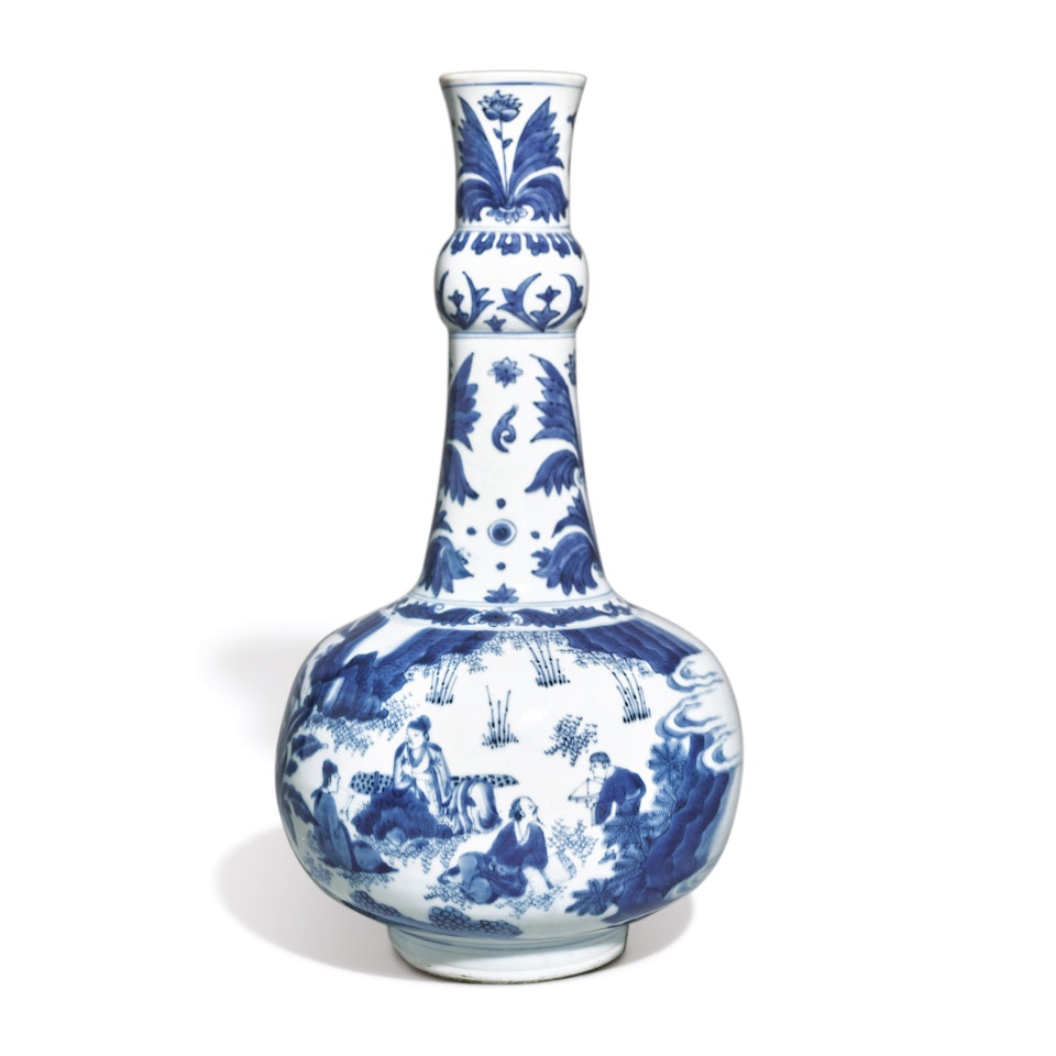 A BLUE AND WHITE 'SEVEN SCHOLARS IN A GROVE' GARLIC NECK VASE by Anonymous