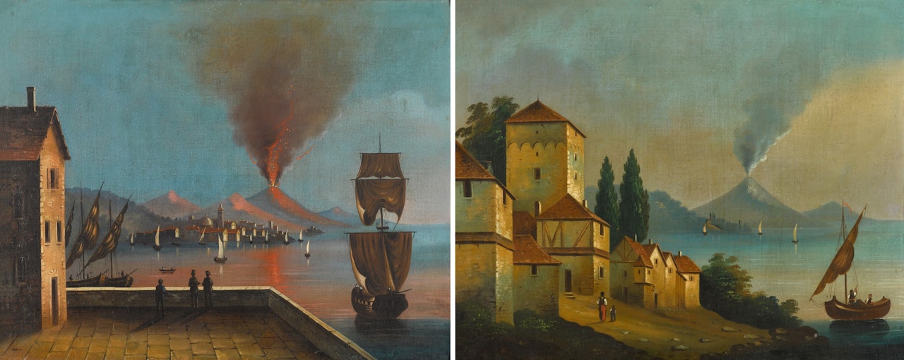 NAPLES: A VIEW OF VESUVIUS ERUPTING BY NIGHT; AND A VIEW OF VESUVIUS ERUPTING BY DAY by Neapolitan School