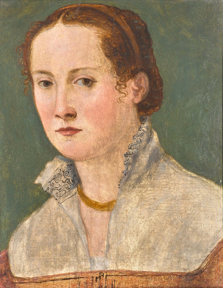 PORTRAIT OF A LADY, BUST-LENGTH, WEARING A RED DRESS WITH WHITE COLLAR by Florentine School