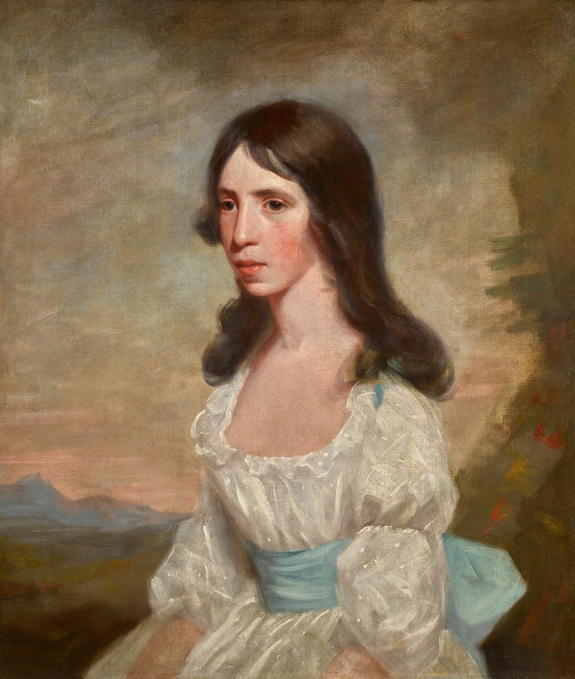 PORTRAIT OF MISS MAITLAND, HALF-LENGTH, SEATED IN A LANDSCAPE, WEARING A WHITE DRESS WITH A BLUE SASH by Henry Raeburn