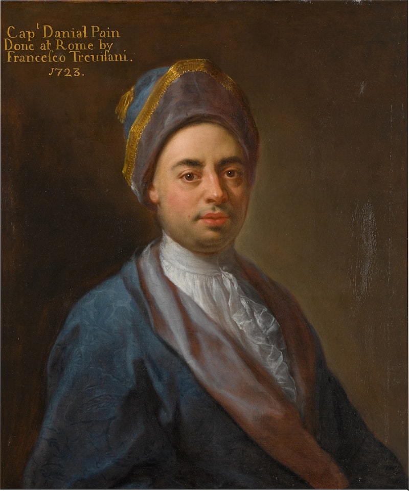 PORTRAIT OF CAPTAIN DANIEL PAIN OF WELFORD, NORTHAMPTONSHIRE, HALF-LENGTH, WEARING A BLUE COAT AND BLUE, MAUVE AND GOLD CAP by Francesco Trevisani